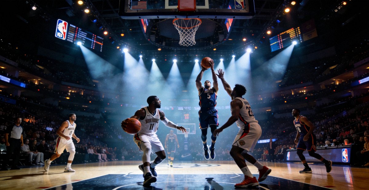 NBA比赛现场全景图，球员在聚光灯下进行高强度攻防对抗